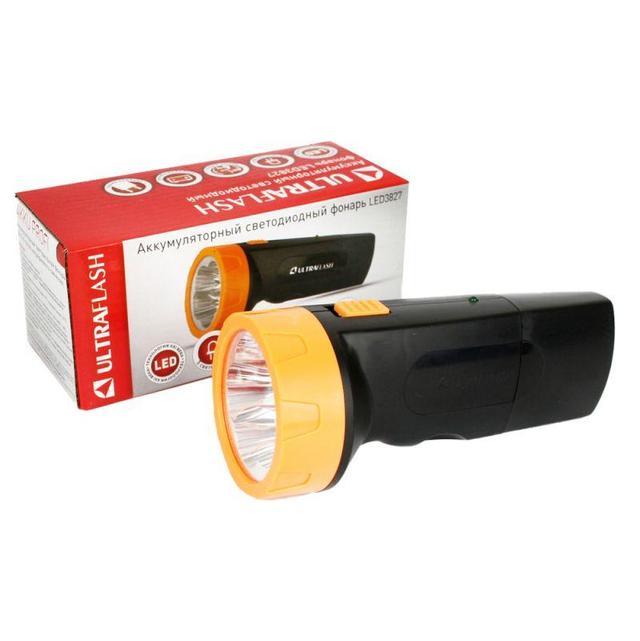 Фонарь аккумуляторный LED3827 5LED аккум. SLA 220В пластик. черн./желт. (кор.) Ultraflash 11241