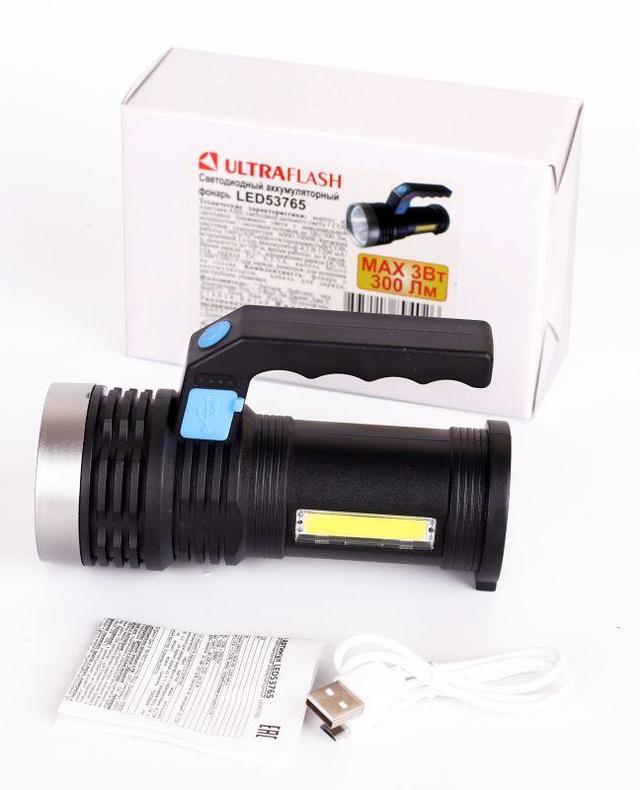 Фонарь аккумуляторный LED53765 2LED 3Вт 4 режима USB аккум. 4В черн. (бокс) Ultraflash 14665