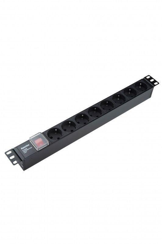 Блок розеток SHE19-8SH-S-IEC 19дюйм 250В 1U 10А 8 розеток Schuko с выкл. алюм. корпус разъем IEC 60320 C14 Hyperline 255002