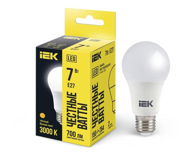 Лампа светодиодная ECO A60 7Вт грушевидная 3000К тепл. бел. E27 630лм 230-240В IEK LLE-A60-7-230-30-E27