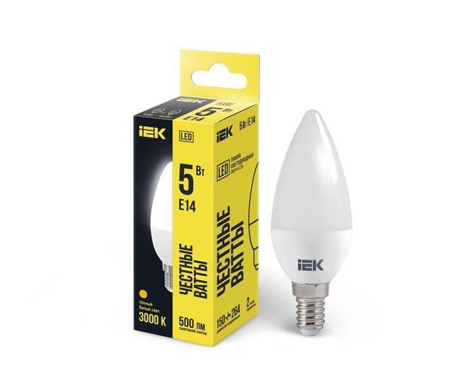 Лампа светодиодная ECO C35 5Вт свеча 3000К тепл. бел. E14 450лм 230-240В IEK LLE-C35-5-230-30-E14