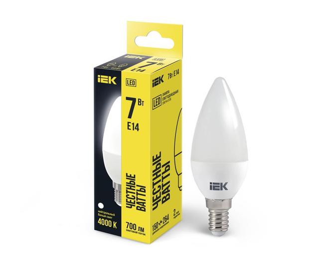 Лампа светодиодная Eco 7Вт C35 свеча 4000К нейтр. бел. E14 230В IEK LLE-C35-7-230-40-E14