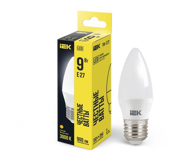 Лампа светодиодная ECO C35 9Вт свеча 3000К E27 230В IEK LLE-C35-9-230-30-E27