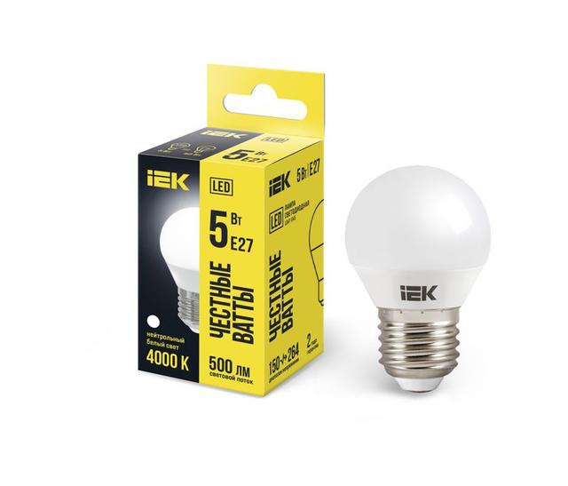 Лампа светодиодная Eco G45 5Вт шар 4000К нейтр. бел. E27 450лм 230-240В IEK LLE-G45-5-230-40-E27