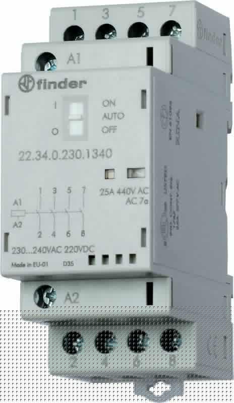 Контактор модульный 3NO+1NC 25А AgNi 24В AC/DC 35мм IP20 опции: переключатель Авто-Вкл-Выкл + мех.индикатор + LED FINDER 223400241740